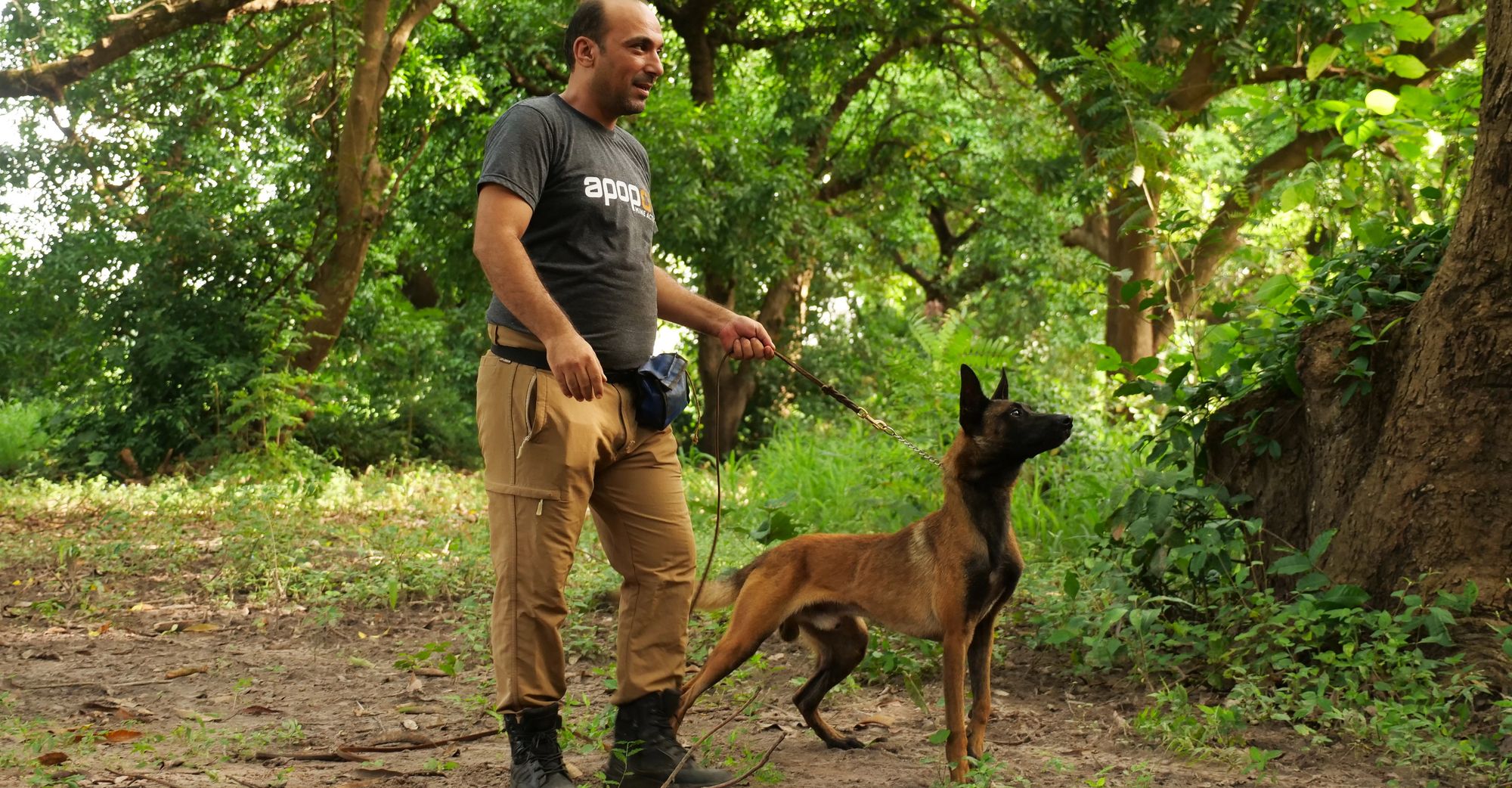 Ein Entminungsexperte führ einen Hund an der Leine, der zum Aufspüren von Minen eingesetzt wird.
