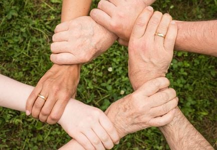 Kreis aus Händen, die sich jeweils am Handgelenk greifen